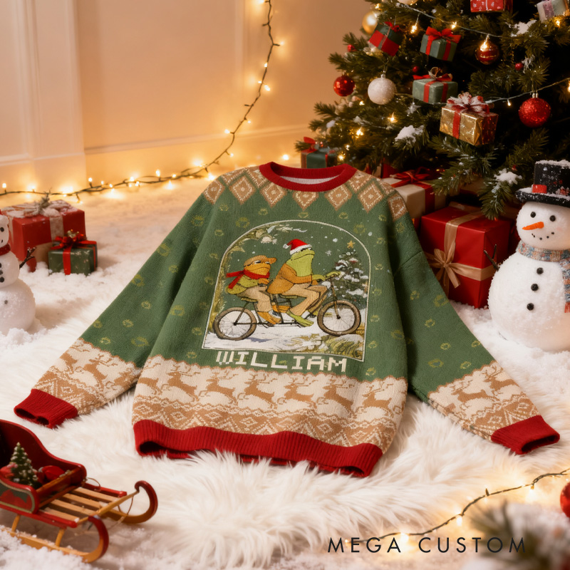 Personalized Frog Reading Ugly Christmas Sweater Funny Cyclist Gift Bicycle Holiday Jumper Bike Rider Christmas Keepsake Riding Lovers