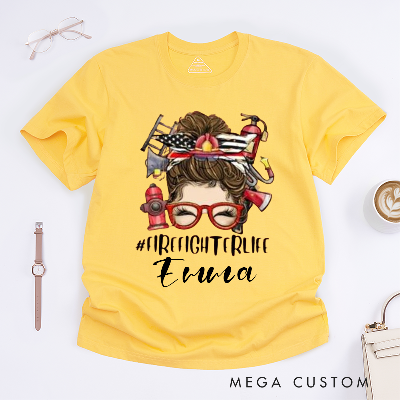 Personalized Firefighter FirefighterLife Trendy Bun Design Gift for Women for Female Firefighter Fireman Wife Girlfriend T-Shirt
