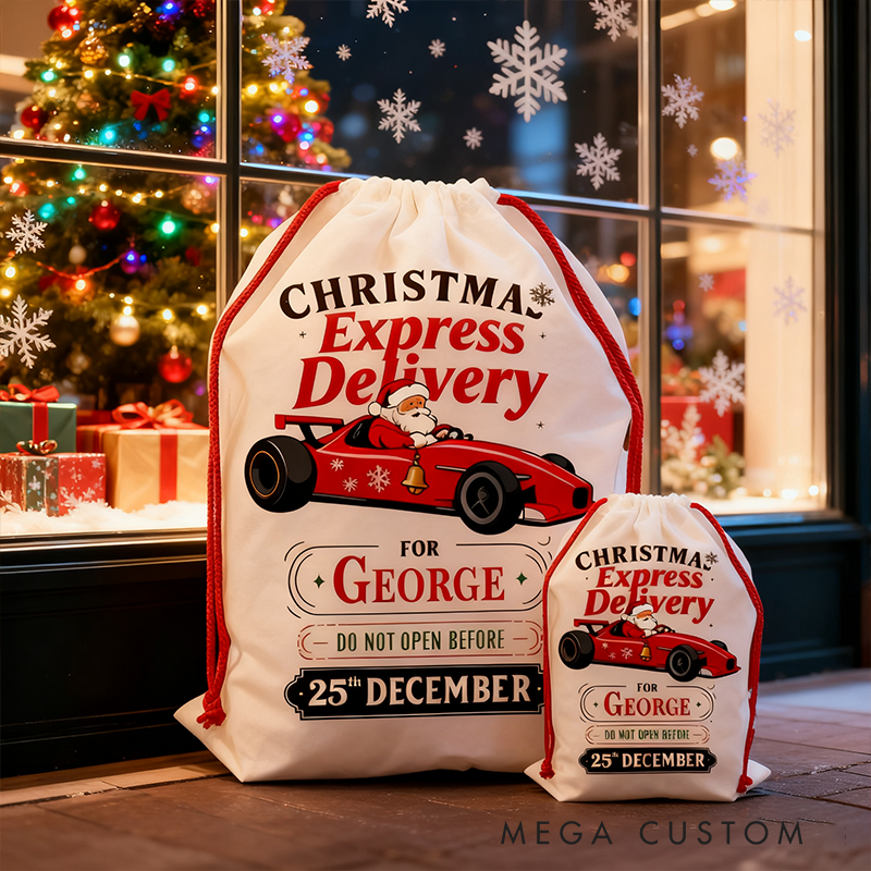 Personalized Christmas Sack Santa Driving Racing Car Custom Name Gift Bag for Racers and Race Lovers