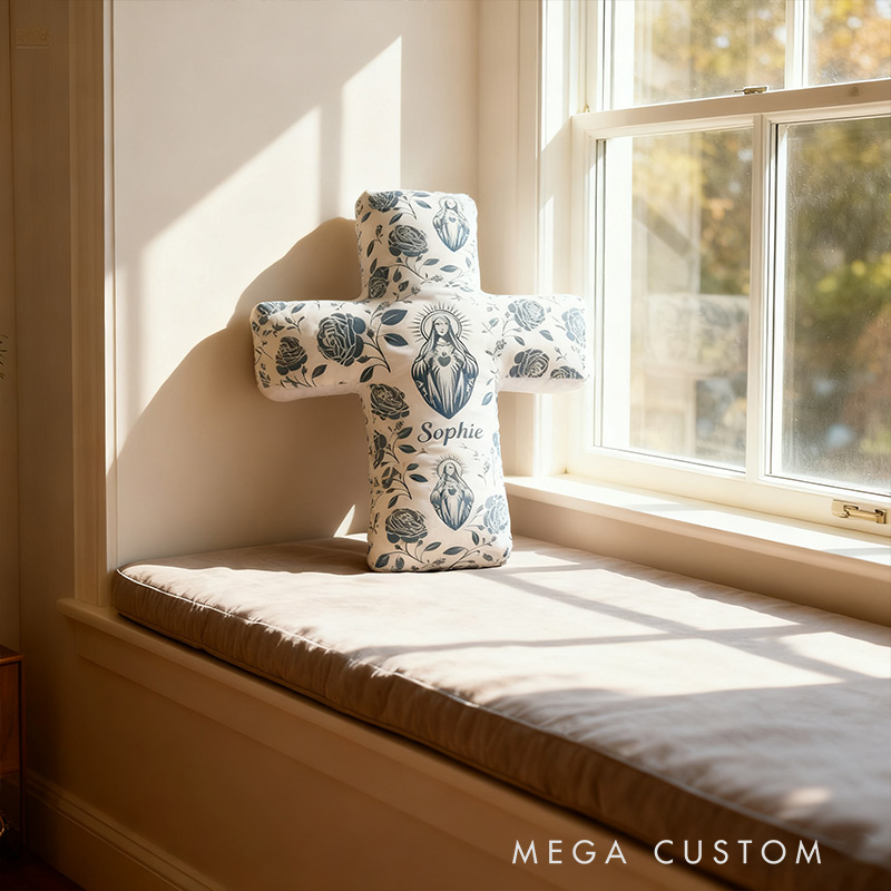 Personalized Virgin Mary Cross Pillow with Custom Name Home Decor Faith Pillow Religious Gift Catholic Gift for Women