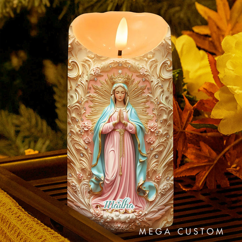 Personalized Golden Grace Virgin Mary LED Candle with Name Religious Gift Home Decor Catholic Gift for Women 