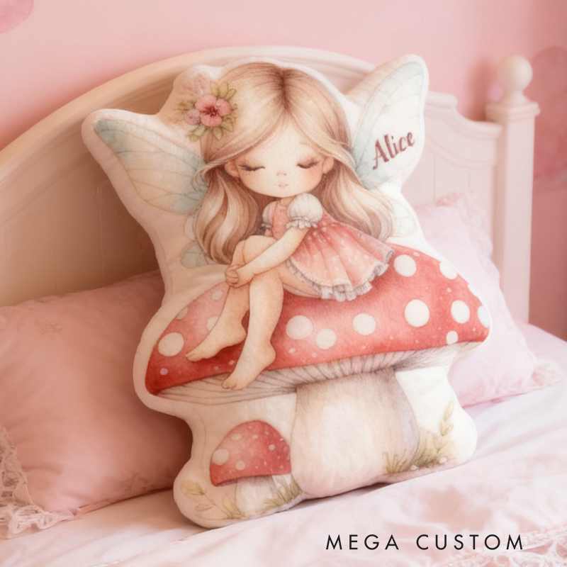 Personalized Fairy Girl Custom Name Soft Decorative Gift Magical Fantasy Style Cozy Nursery Sweet Mushroom Dream Lovely Wings Enchanted Forest Graphic 3D Print Pillow