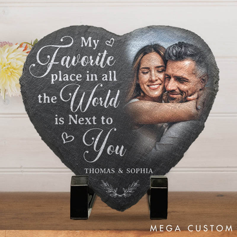 Personalized Couple Photo My Favorite Place In All The World Is Next To You Heart Shaped Stone With Stand First Christmas Gift Valentine's Day Gift