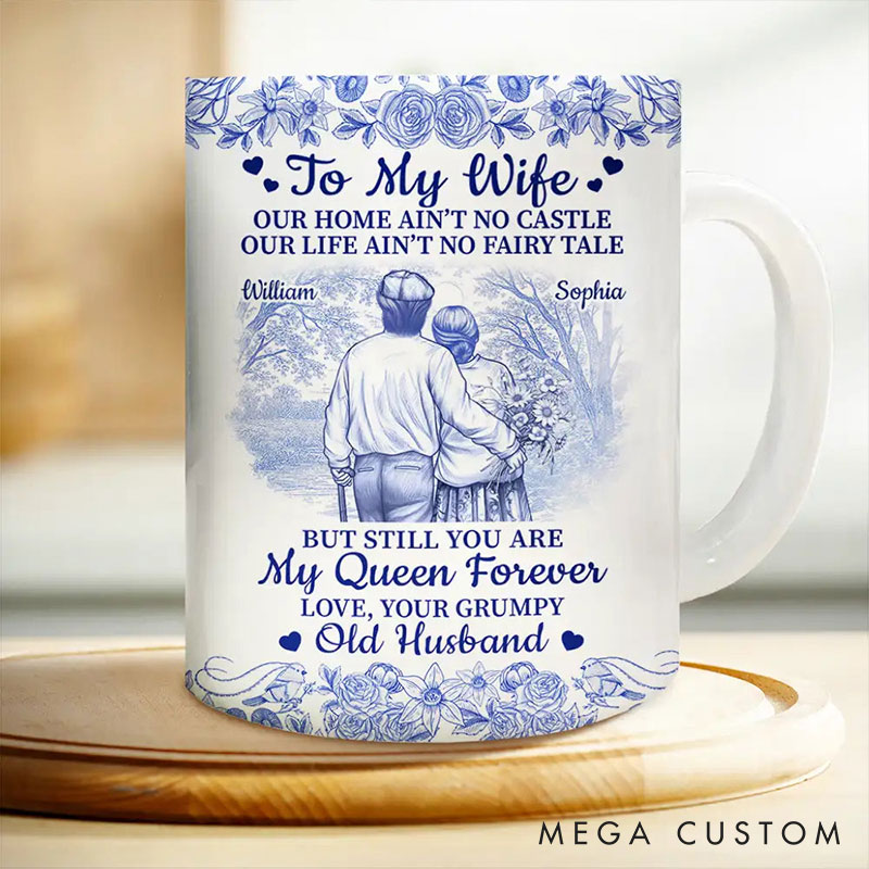 Personalized Old Couple Our Home Ain't No Castle Mug Custom Names Mug White Edge-to-Edge Mug Anniversary Gift for Wife for Her