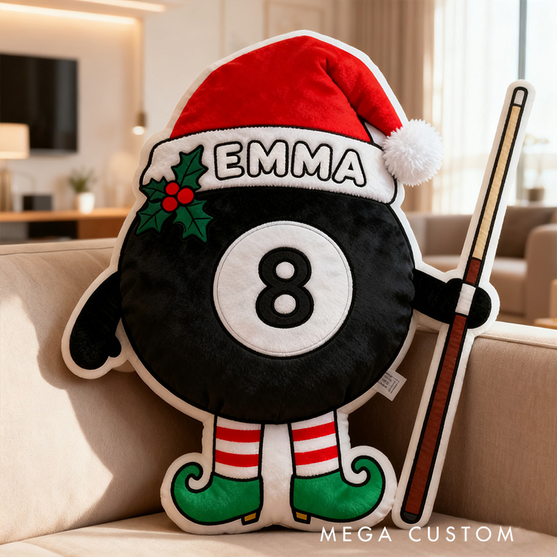 Personalized Christmas Pool Ball Pillow with Custom Name and Festive Design for Pool Lovers 