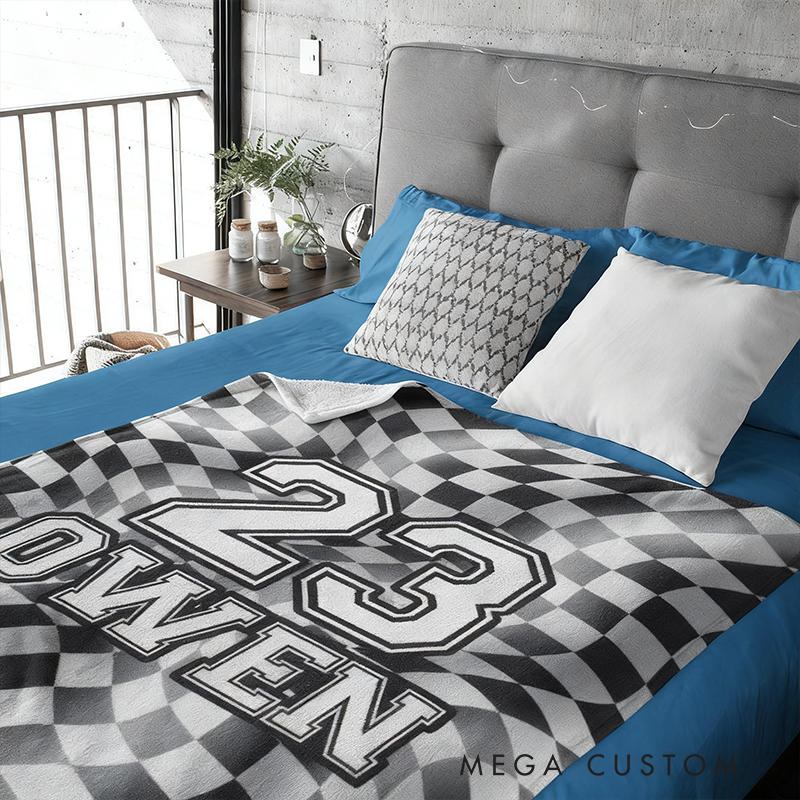 Custom Racing Checkered Flag Blanket Personalized Name and Number Sport Throw Blanket Gift for Racers and Motorsport Fans