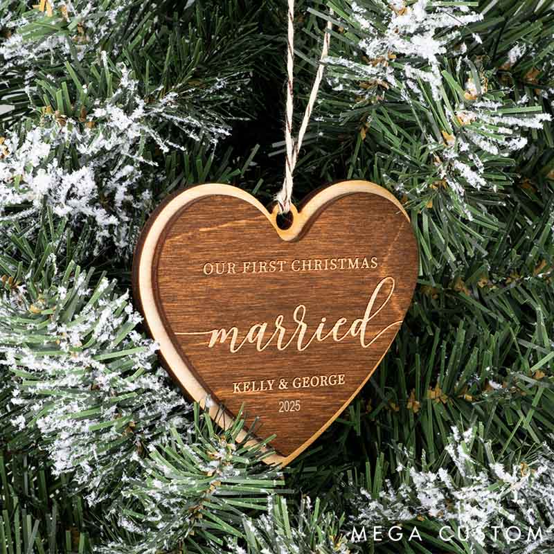 Personalized Couple Our First Christmas Married Wood Hear Shaped Christmas Ornament Custom Mr and Mrs Wedding Engagement Xmas Ornament for Him Her