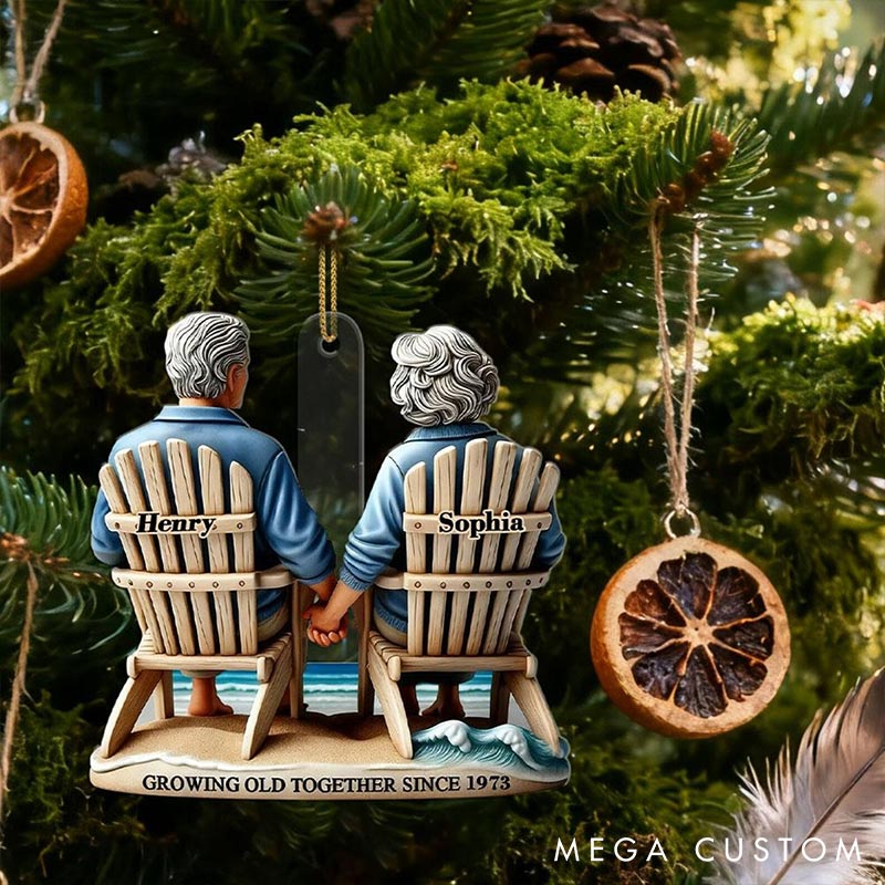 Personalized Growing Old Together Couple Ornament 2D Flag Watching Sea Waves Chrismas Decoration Gift for Husband Wife Gift for Couple