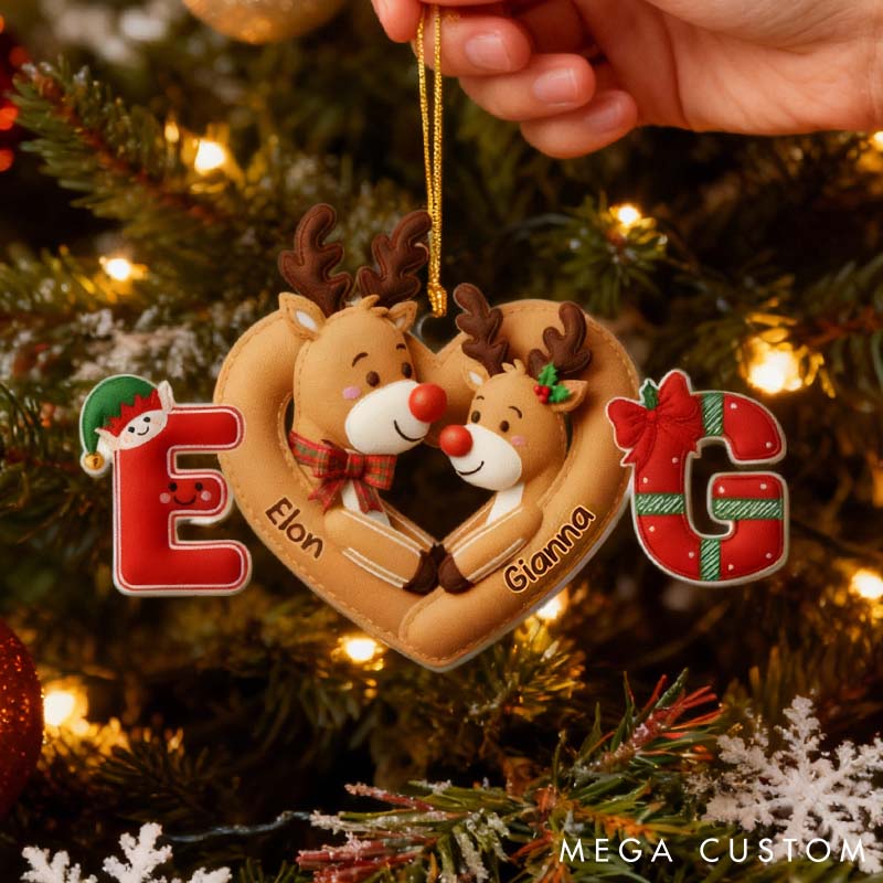 Personalized Couple Faux Fabric Reindeer 2D Flat Printed Acrylic Christmas Ornament Custom Newlywed Name Heart Xmas Ornament Our First Christmas Gift