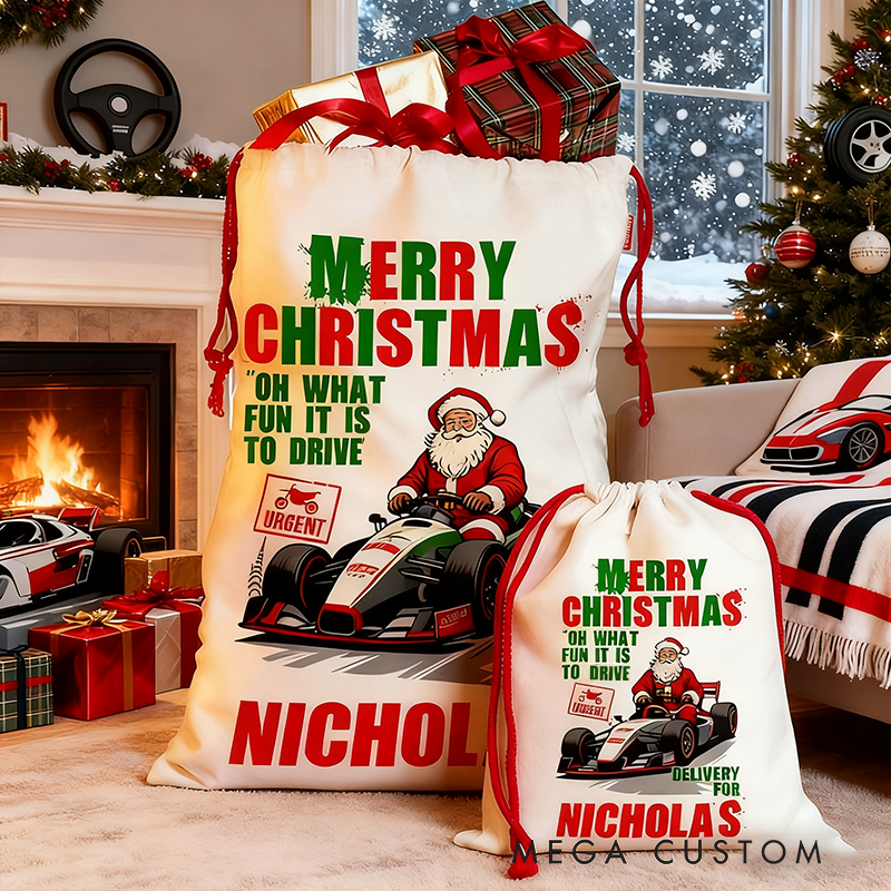 Personalized Racing Santa Christmas Gift Bag Custom Name Santa Sack Holiday Decoration for Racers and Racing Lovers