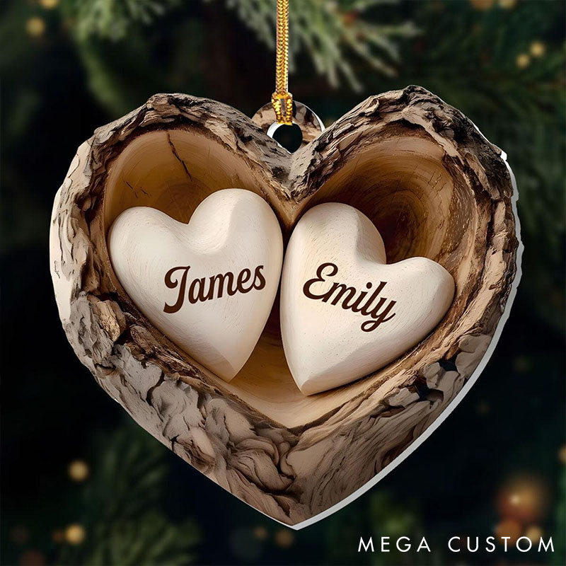 Personalized Rustic Couple Heart Ornament Custom 5 Years Anniversary Gift Ornament 2D Flat Acrylic Two Hearts Christmas Keepsake for Couple 