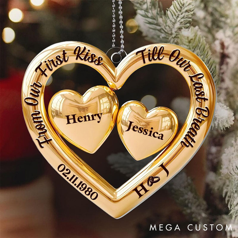 Personalized Couple Heart Ornament Custom Xmas Golden Heart Keepsake Couple Anniversary Heart Ornament 2D Flat Ornament for Husband Wife