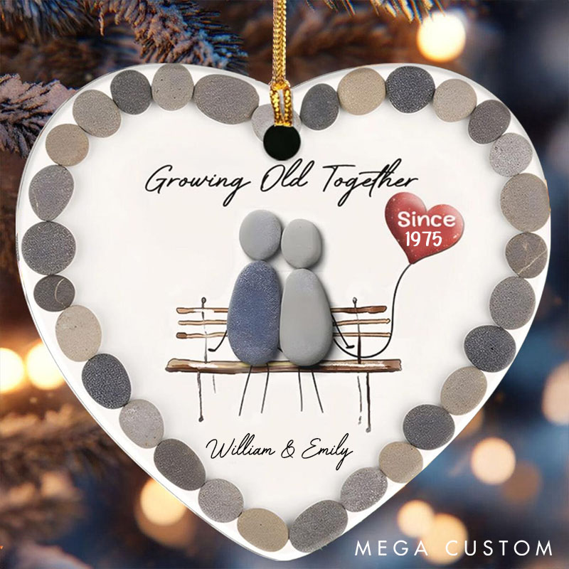 Personalized Growing Old Together Heart Ornament Couple Pebble Art Keepsake 2D Flat Anniversary Gift for Husband Wife Couple Christmas Gift