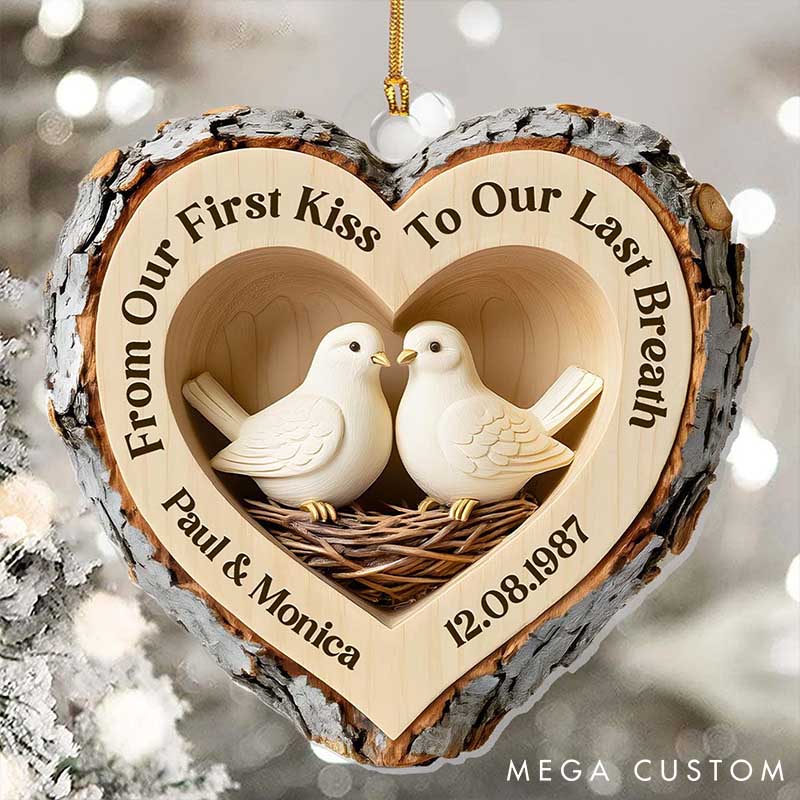 Personalized Couple Faux Wood Love Birds Acrylic Christmas Ornament 2D Flat Printed First Kiss To Last Breath Ornament Anniversary Christmas Gift