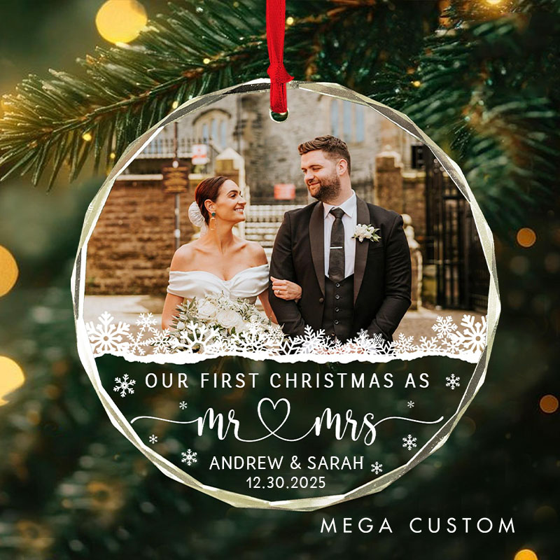 Personalized Couple Wedding Photo Glass Ornament Custom First Christmas Married Glass Ornament Our First Christmas Gift Engagement Gift for Newlyweds