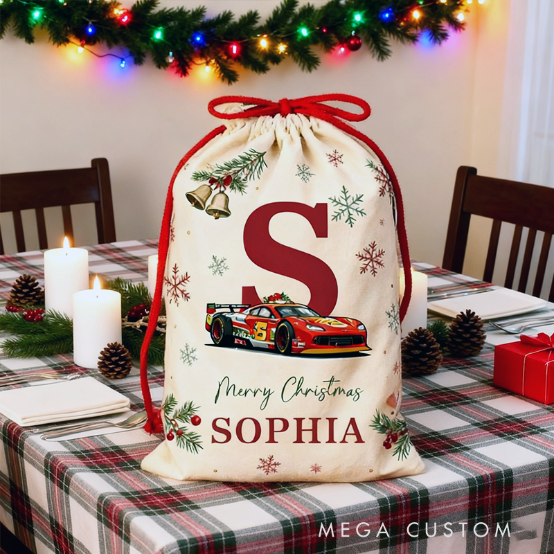 Personalized Initial and Name Racing Car Christmas Sack Custom Gift Bag for Vehicle Lovers and Holiday Decor