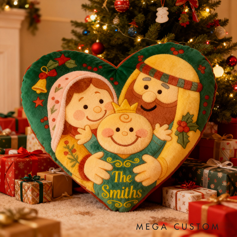 Personalized Nativity Scene Heart Pillow with Family Name Home Decor Graphic 3D Print Pillow Religious Gift for Christians