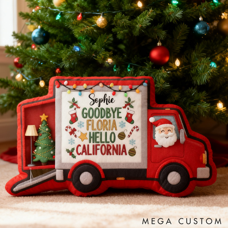 Personalized Moving Truck Pillow Custom Holiday Decoration with Names and Locations Keepsake for New Beginnings and Home Decor Christmas Gifts