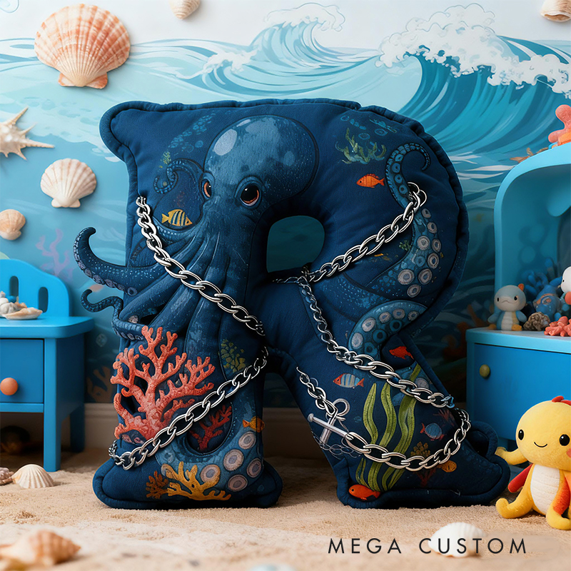 Personalized Ocean Letter Custom Name Soft Decorative Gift Underwater Sea Style Cozy Bedroom Blue Coral Octopus Anchor Fish Waves Marine Adventure Graphic 3D Print Pillow