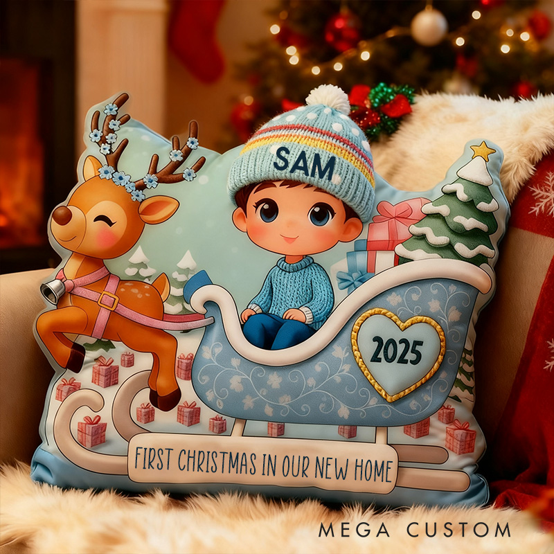 Personalized First Christmas Pillow Custom Name Sleigh Design Holiday Decoration for Boys Christmas Gifts