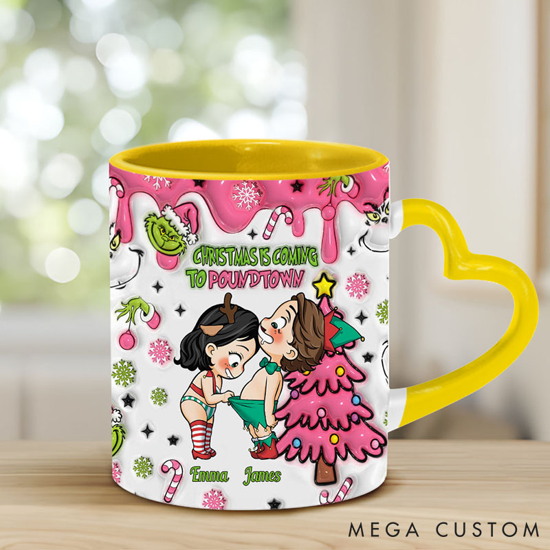 Personalized Couple Christmas Is Coming Ceramic Mug Custom Cute Couple Sex Heart Handle Mug Christmas Gift for Him Her Boyfriend Girlfriend