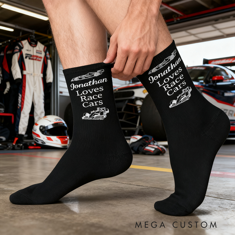 Personalized Race Car Socks Custom Name Socks for Drivers Car Lovers and Racing Fans