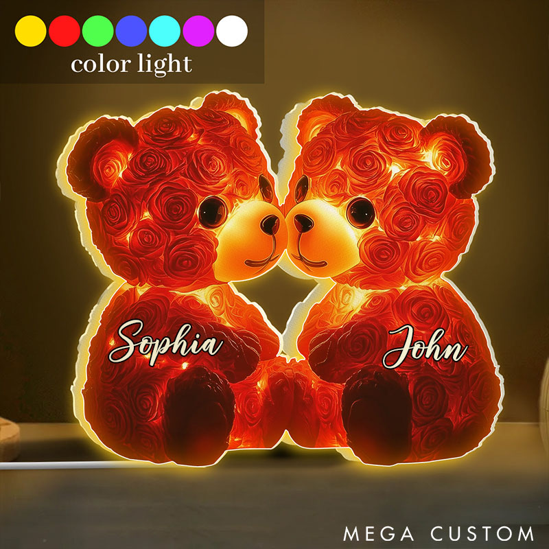 Personalized Cute Red Roses Bear Couple Shaped Light Box Couple Holiday Date Night Light Valentine's Day Gift for Couple