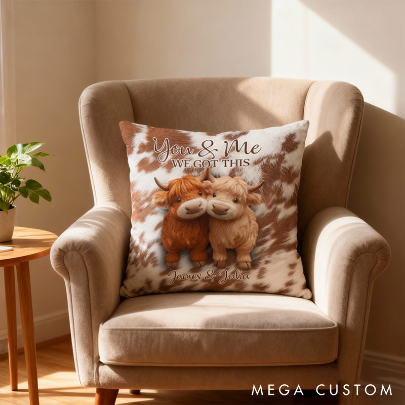 Personalized Couple Highland Cow Design  Custom Names Newlyweds Couple Home Pillow Romantic Anniversaries Gift for Husband Wife Home