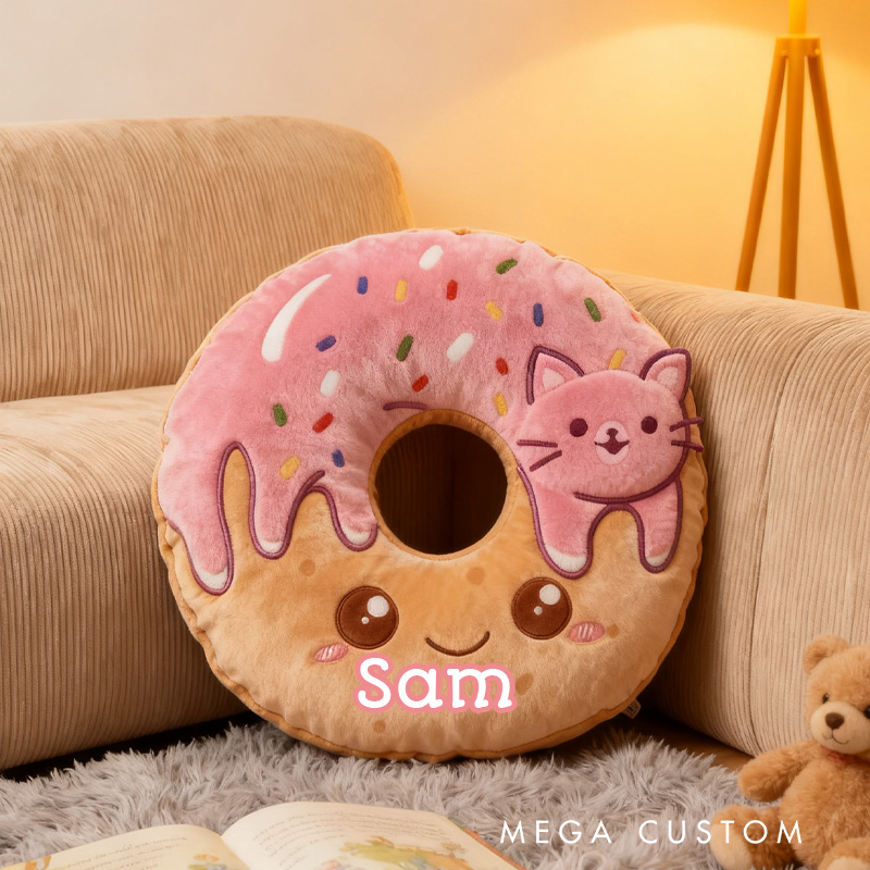 Personalized Pink Donut Throw Pillow Graphic 3D Print Donut and Cat Pillow with Name for Kids Grilfriend Baker Gift 