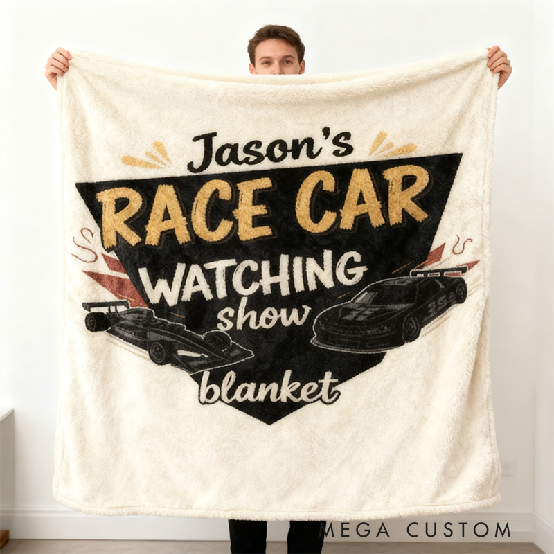 Personalized Race Car Watching Blanket Custom Name Soft Cozy Fleece Throw for Racing Fans and Car Lovers