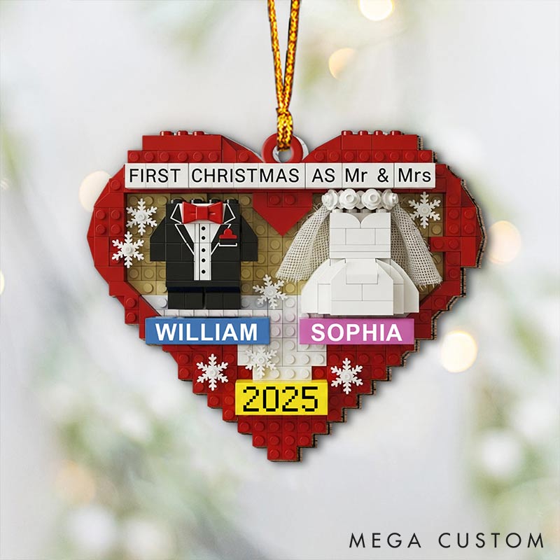 Personalized Frist Christmas As Mr Mrs Couple Ornament 2D Flag Brick-style Heart Shaped Chrismas Decoration Gift for Newlyweds Gift for Wife Husband