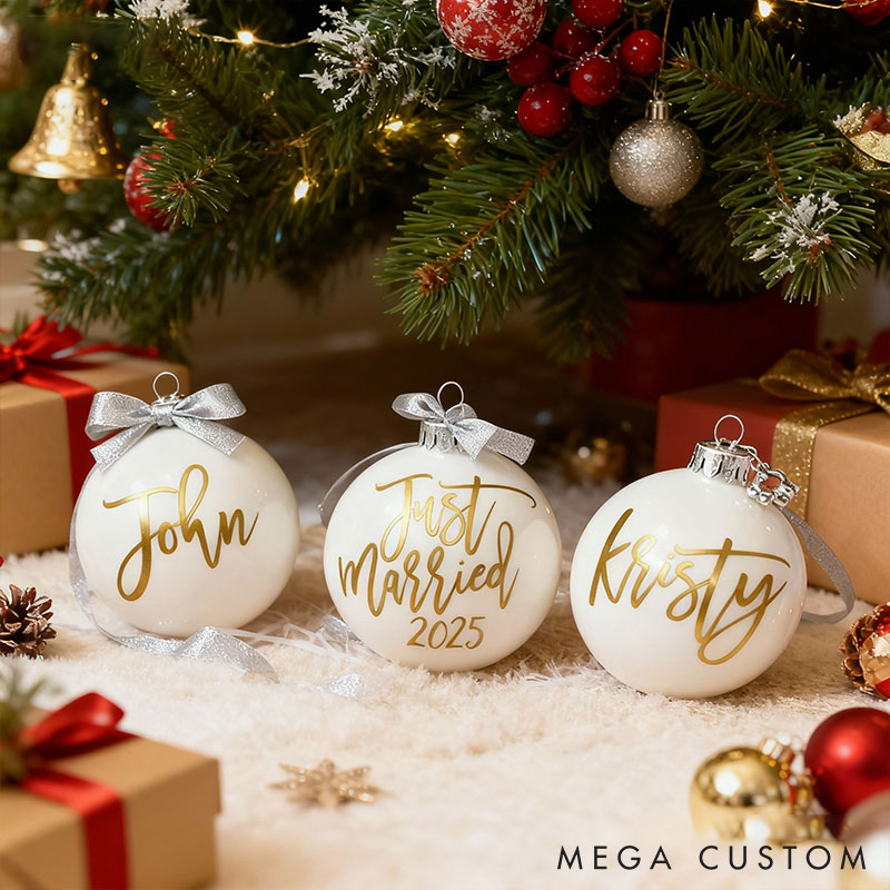 Personalized Just Married Matching Christmas Ball Ornament Our First Christmas Ornament Set For Newlywed Couple Wedding Ornament Keepsake