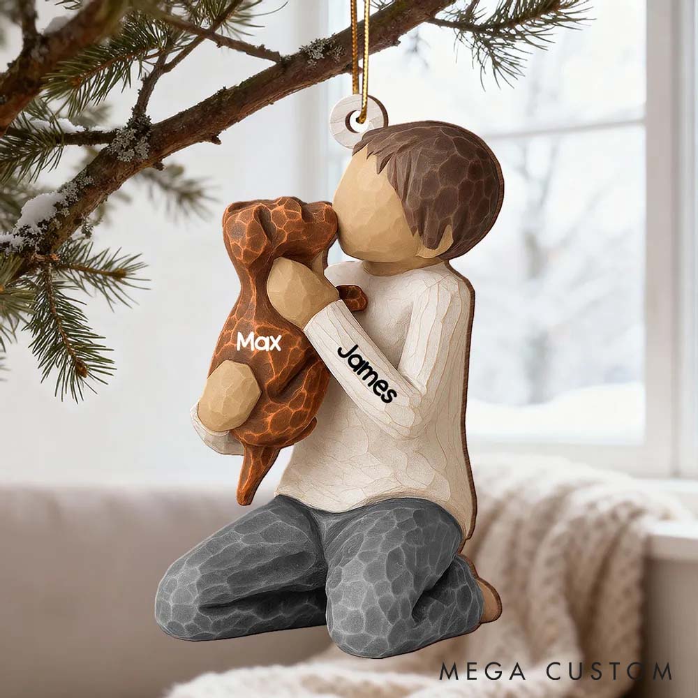 Personalized Dog Lover Boy Girl Hugging Dog Ornament