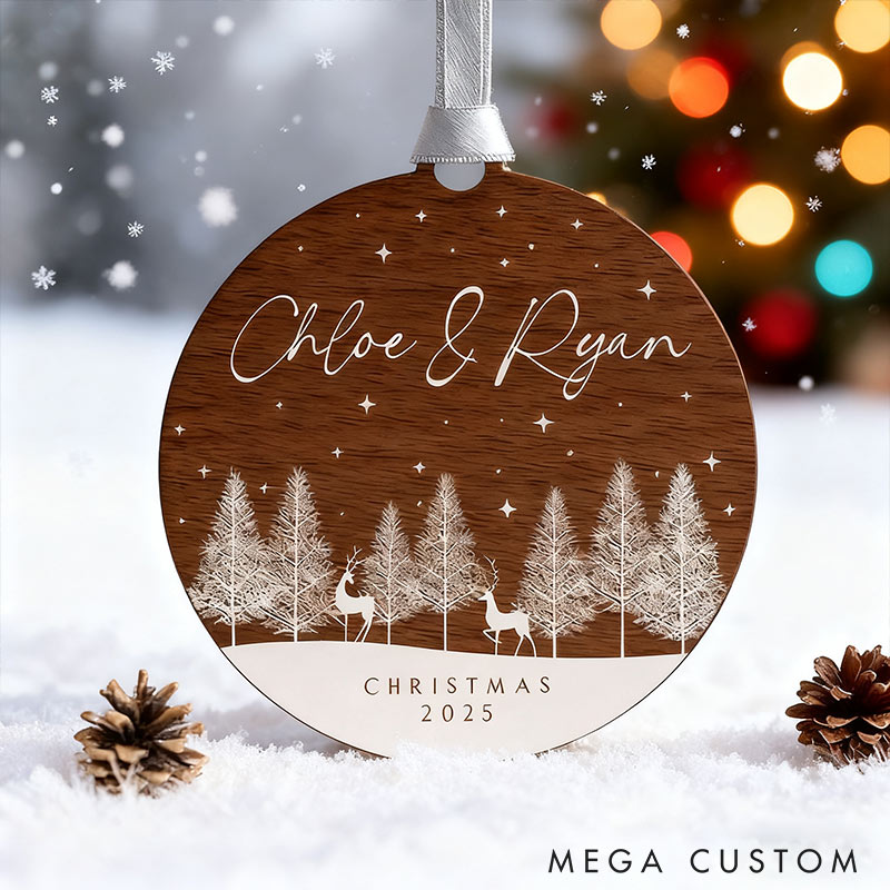 Personalized Woodland Scene Deer Couple Ornament 2D Flag Faux Wood Chrismas Decoration Keepsake Gift for Newlyweds Gift for Wife Husband