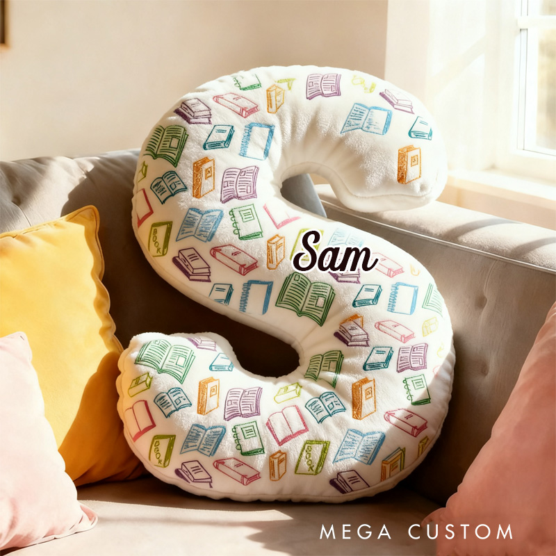 Personalized Colorful Book Alphabet Throw Pillow Bookworm Letter Pillow with Name Vintage Bookish Initial Kids Pillow Gift for Book Lover