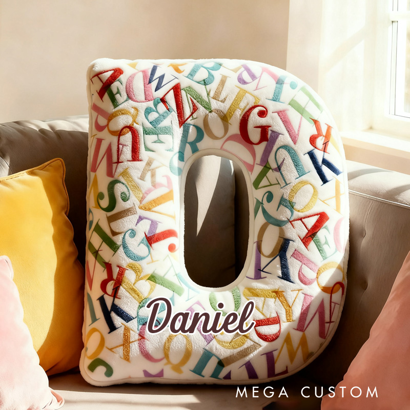 Personalized Colorful Letter Alphabet Throw Pillow Bookworm Letter Pillow with Name Vintage Bookish Initial Kids Pillow Gift for Book Lover