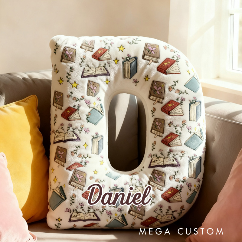 Personalized Floral Book Alphabet Throw Pillow Bookworm Letter Pillow with Name Bookish Initial Kids Pillow Gift for Book Lover