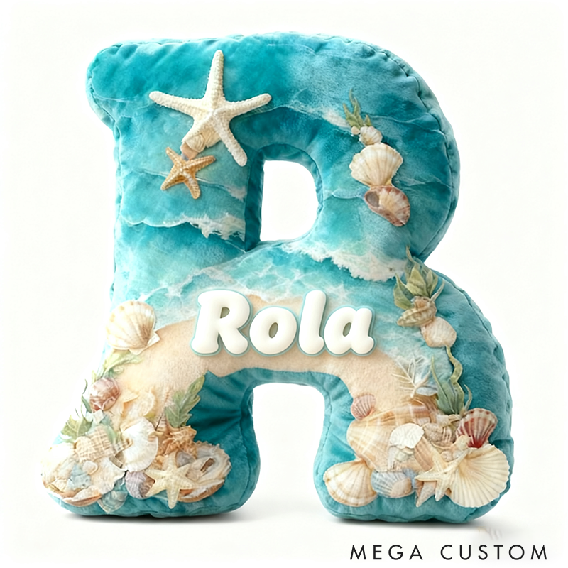 Personalized Seaglass Style Initial Pillow Custom Ocean Style Letter Pillow 3D Graphic Print Home Decor Throw Pillow for Girl Friend Beach Keepsake Pillow