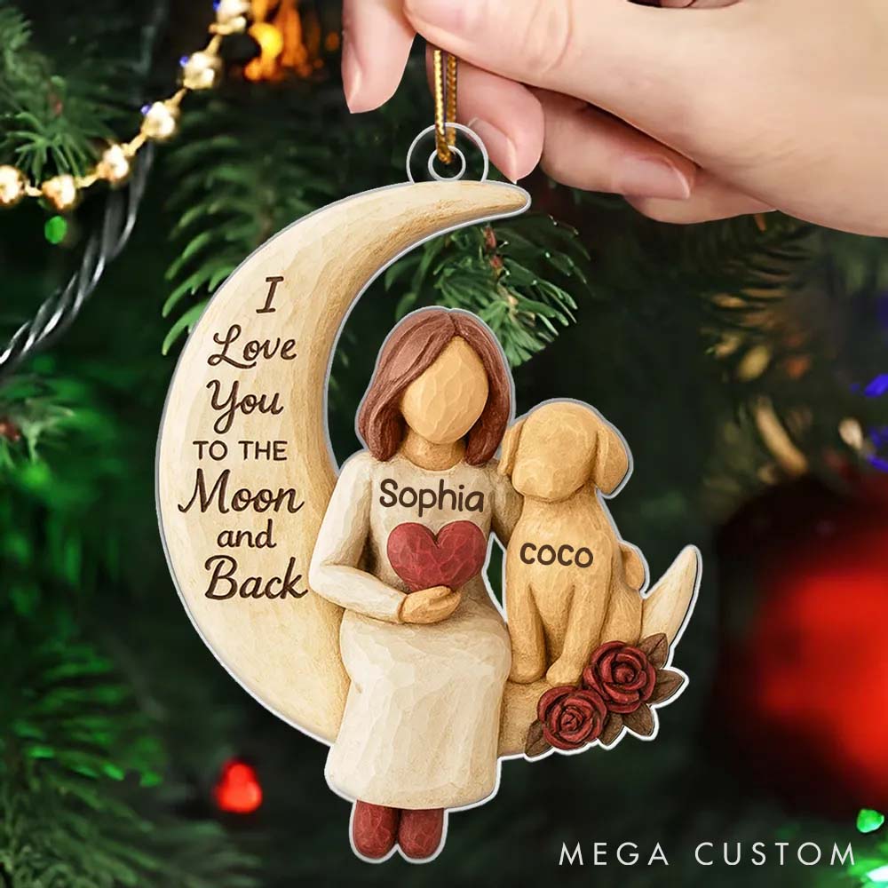 Personalized Dog Lover Woman and Dog Love to the Moon Ornament