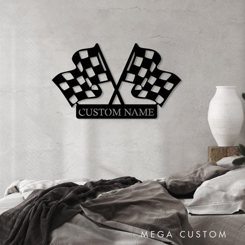 Personalized Checkered Flag Racing Metal Sign Custom Name Wall Art for Racers and Racing Lovers