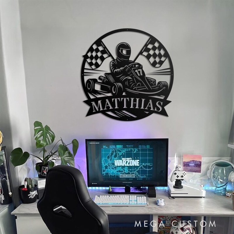 Personalized Go Kart Racing Metal Sign Custom Name Illuminated Wall Art Gift for Drivers and Racing Fans