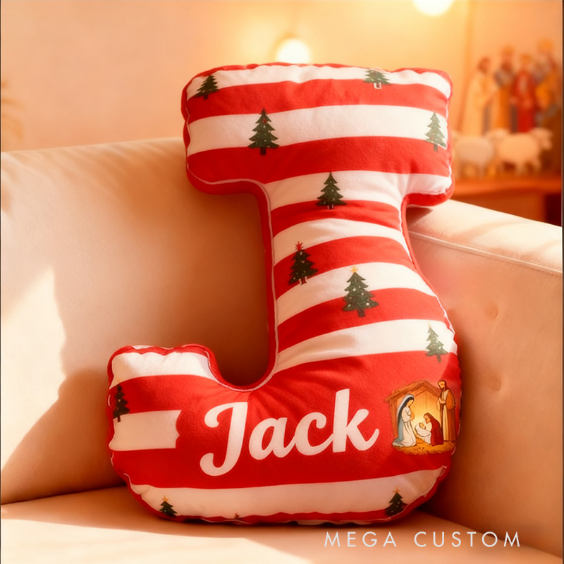 Personalized Nativity Scene Christmas Letter Pillow with Custom Name Kid Room Decor Religious Gift for Kid Christian Gift for Christmas Graphic 3D Print
