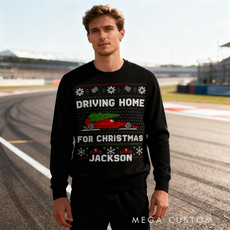 Personalized Racing Christmas Sweater Custom Name Holiday Jumper Gift for Car Lovers and Motorsports Fans