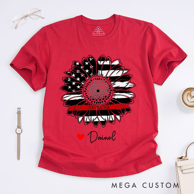 Personalized Firefighter Love and Firefighter Themed Sunflower Custom Design Gift for Firefighter Gift for Fireman Wife Girlfriend T-Shirt
