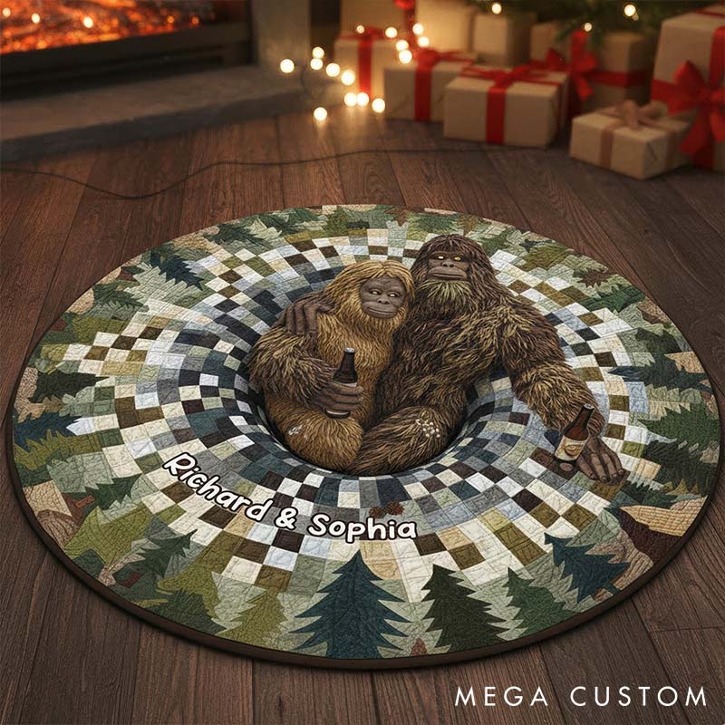 Personalized Cozy Forest Escape Round Mat Gifts for Couple Custom Bigfoot-Themed Rug Couple Holiday Home Decor Mat