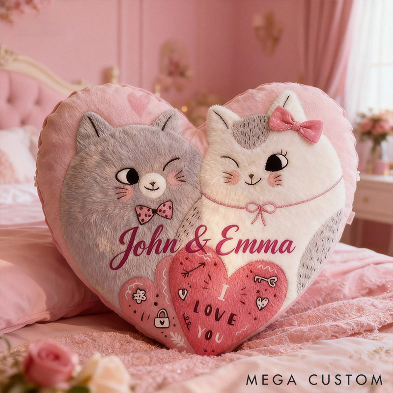 Personalized Couple Cats Heart Pillow with Name Custom Couple Valentine's Day Gift for Girl Christmas Gift for Girlfriend Wife