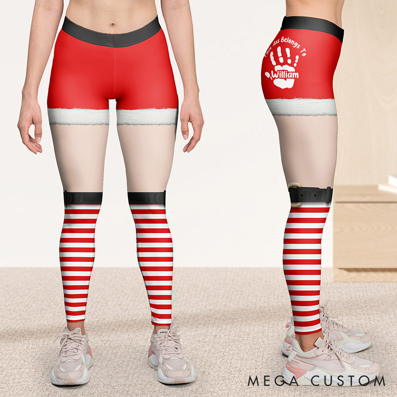 Personalized Funny Girlfriend Wife This Ass Belongs To Boyfriend Husband Leggings Woman Christmas Elf Leggings with Man Name Christmas Gift for Her