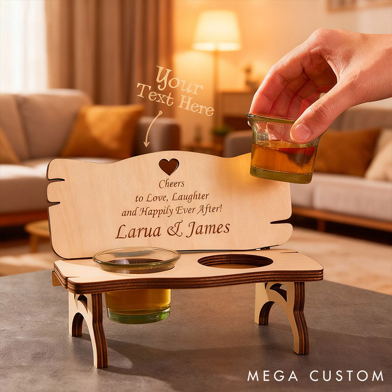 Personalized Wooden Shot Glass Holder Custom Couple Wooden Bench With Shot Glasses Couple Shot Tray for Husband Wife