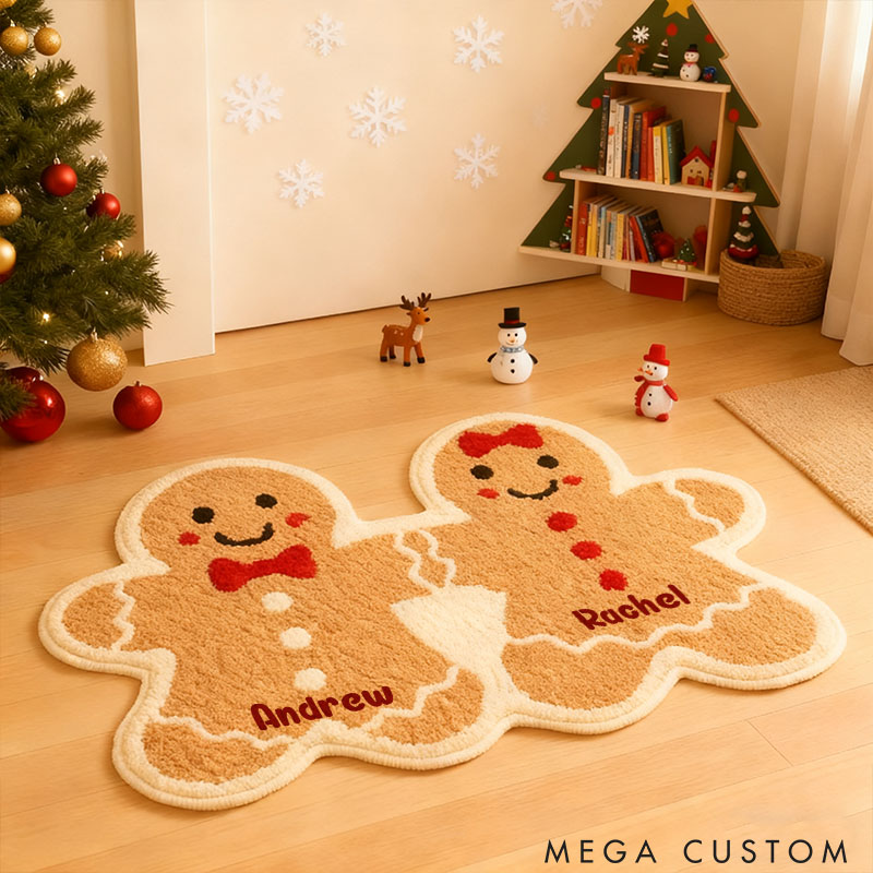 Personalized Couple Gingerbread Graphic 3D Print Christmas Rug Custom Newlyweds Christmas Carpet Our First Christmas Gift for Him Her Husband Wife