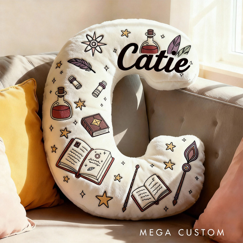 Personalized Magic Book Alphabet Throw Pillow Bookworm Letter Pillow with Name Vintage Bookish Initial Kids Pillow Gift for Book Lover